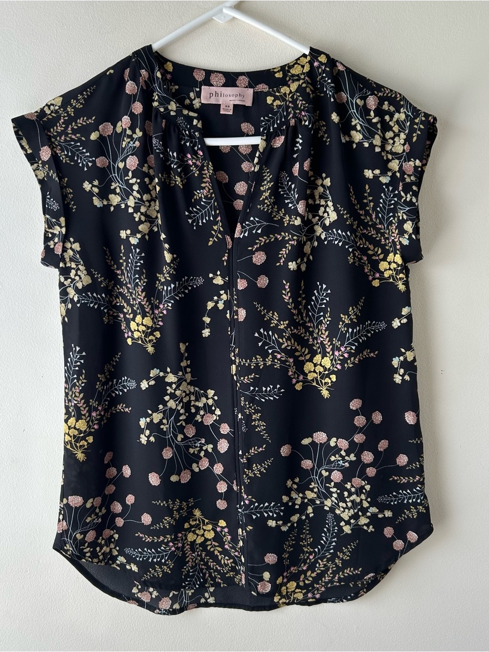 Philosophy Cap Short Sleeve Chiffon Blouse Top V-Neck Floral Black XS
